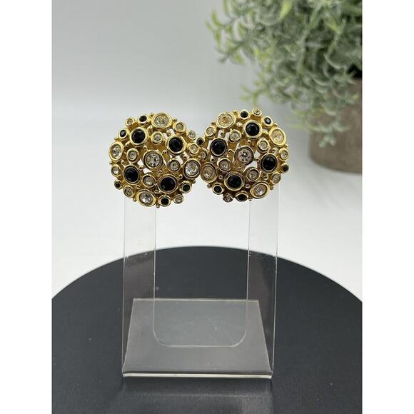 SWAROVSKI Swan Vintage Large Round Black, Clear Crystal Gold Tone Clip Earrings - Picture 16 of 16